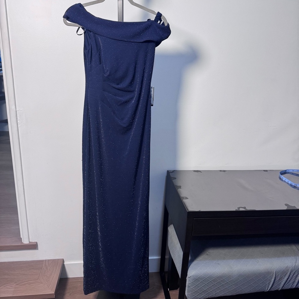 Adrianna Papell Off-Shoulder metallic knit draped Sparkle Evening Gown navy - Picture 3 of 13
